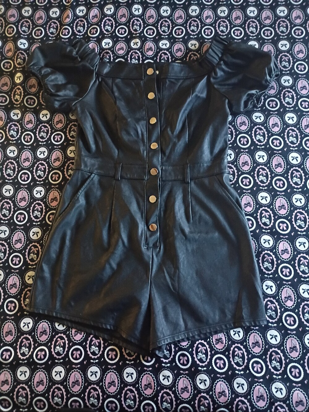 Haute Monde Black Faux Leather Puff Sleeve Romper